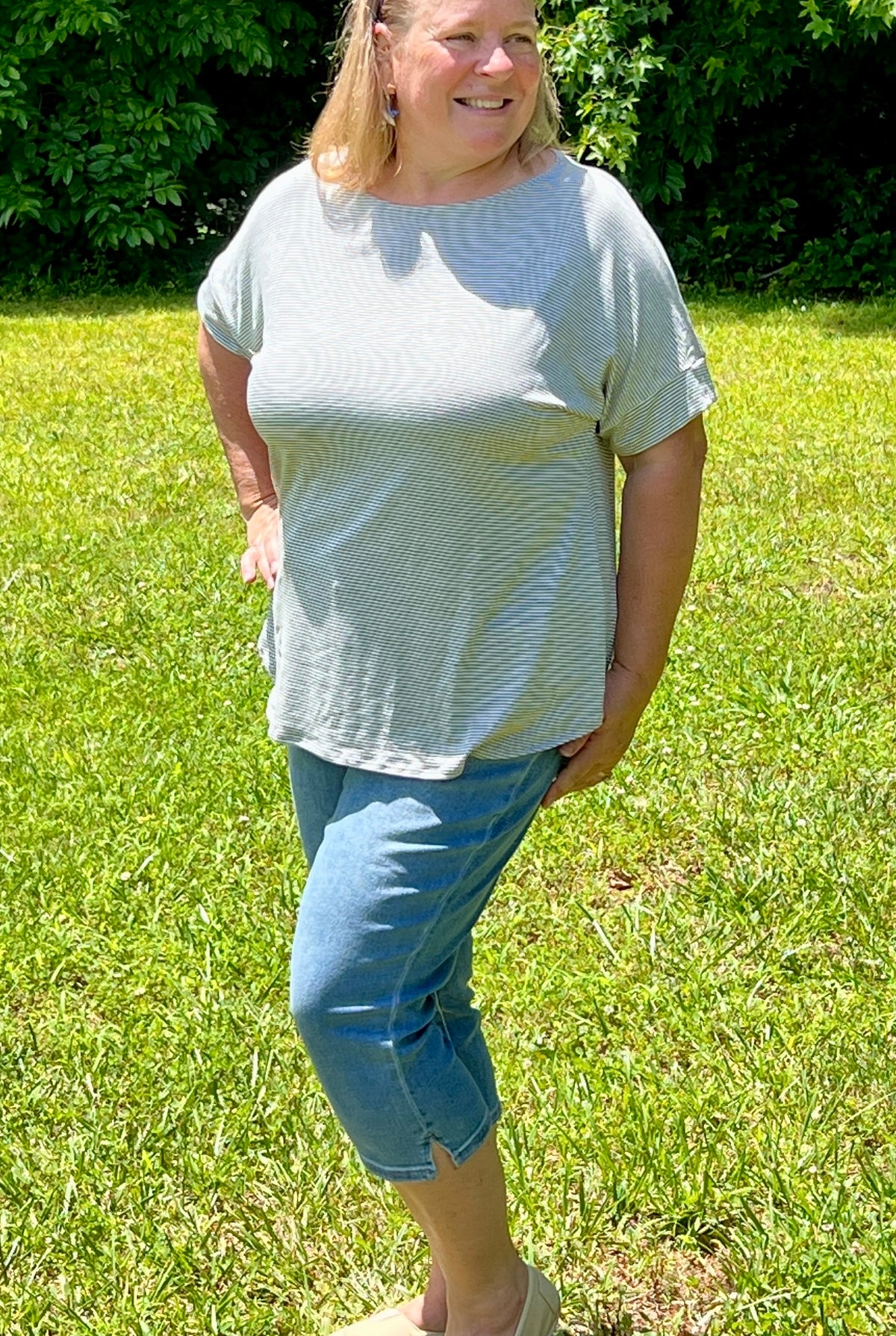 Easy Days Heather and White Striped Tee is lightweight and super soft. In Small to Large.