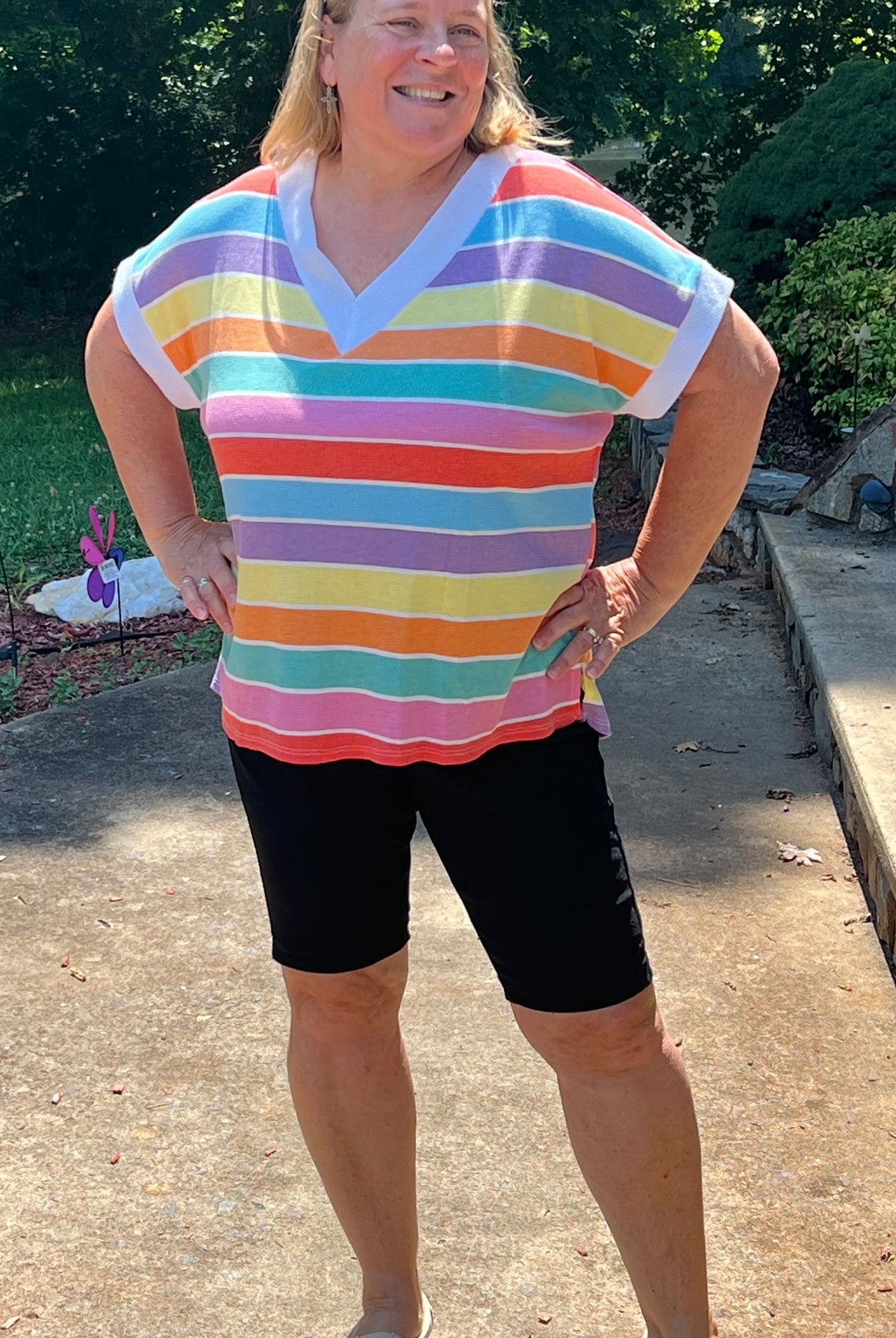 Oversized top with rainbow stripes, v-neckline, venting at hips, super soft texture. The venting and looseness of the top allows for air to flow keeping you comfortable in the summer. In Large to 3X.