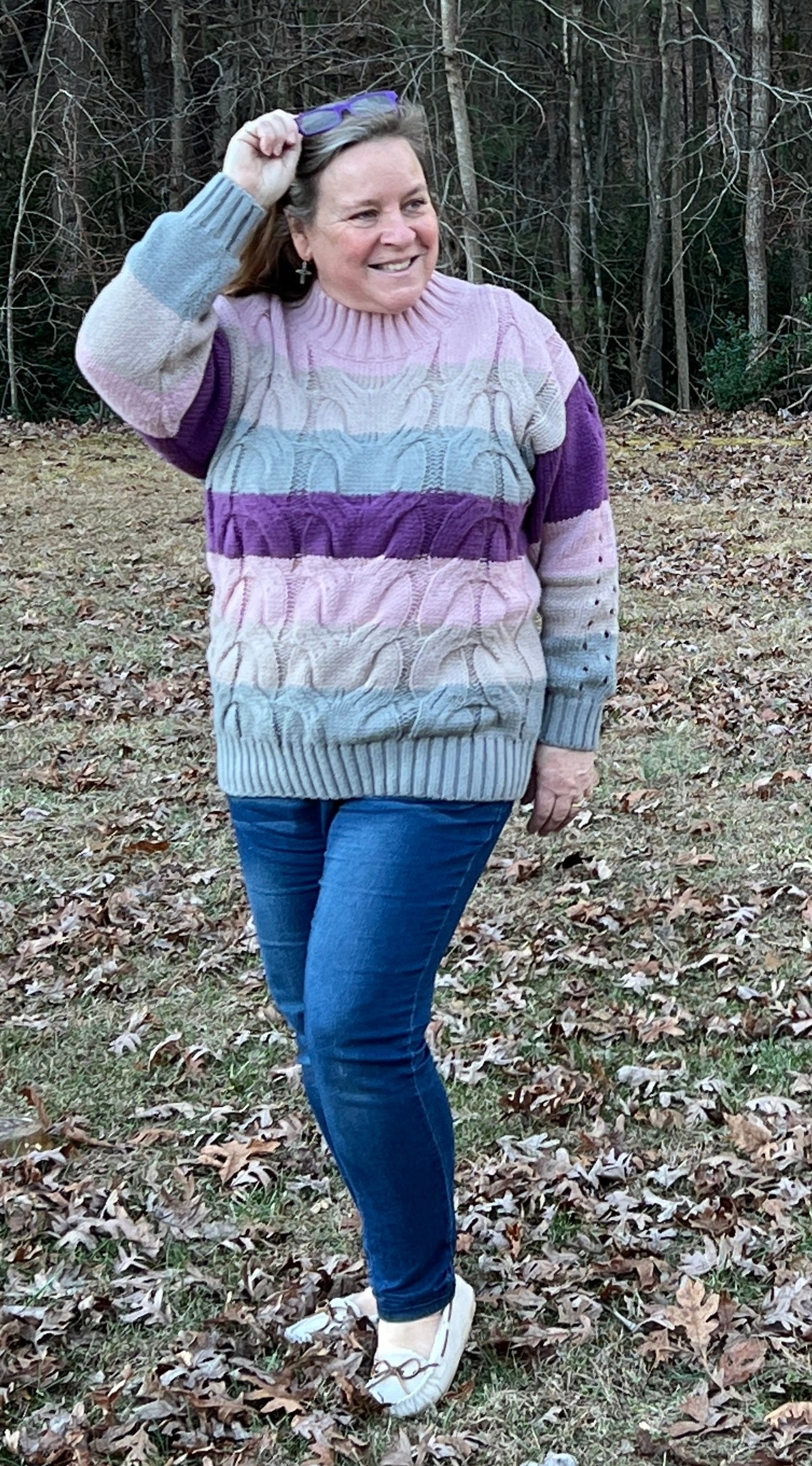 Purple Blue Gray Mauve Striped Cable Knit Mock Neck Sweater in