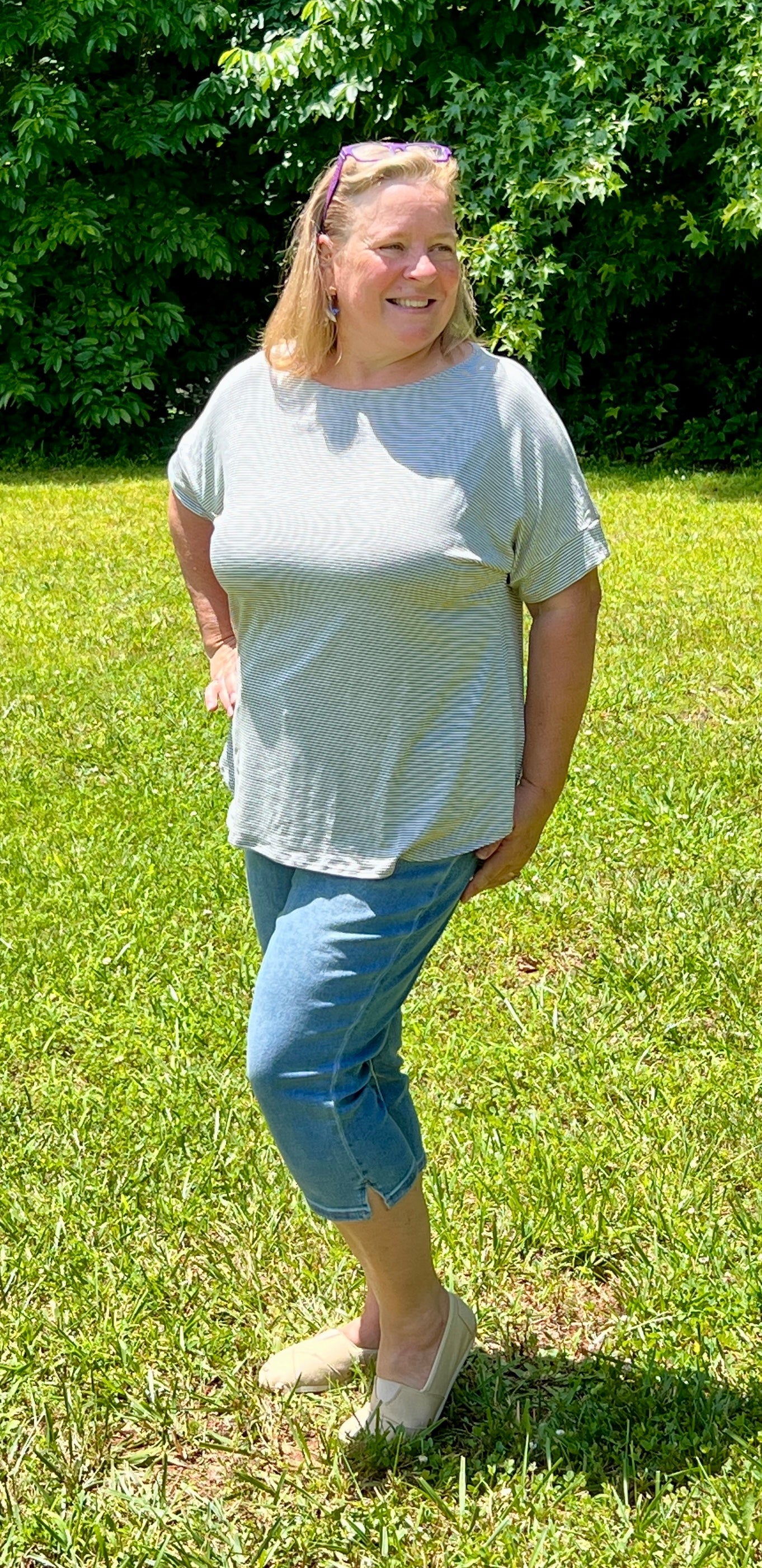 Easy Days Heather and White Striped Tee is lightweight and super soft. In Small to Large.