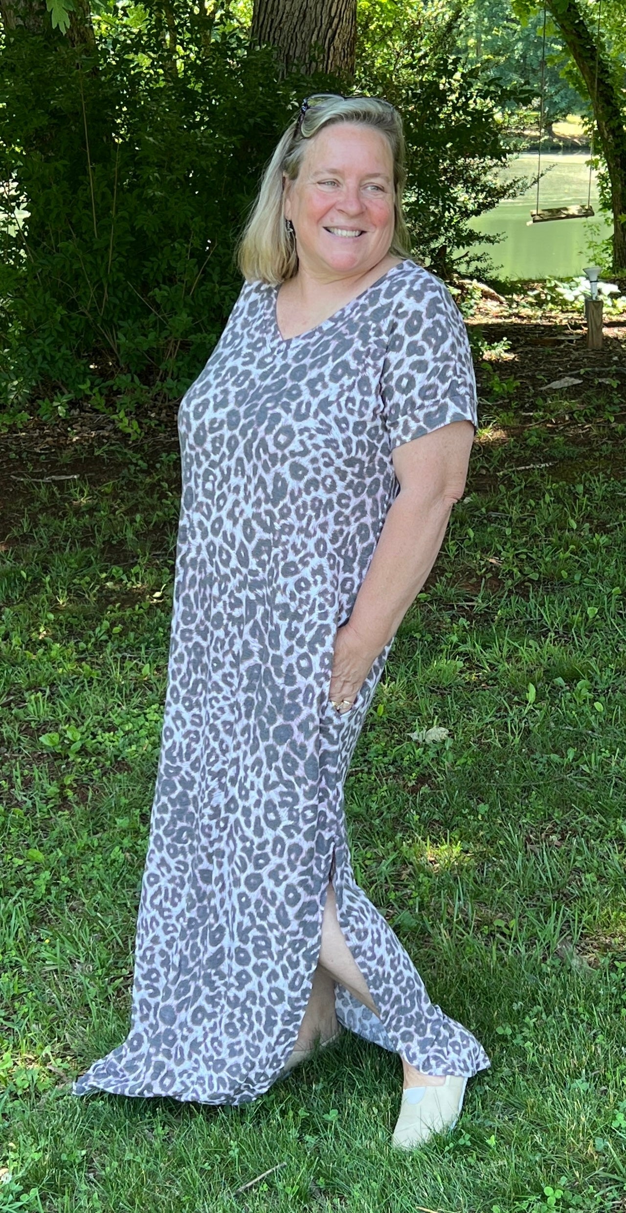 The Wild Berry Leopard Print Maxi Dress is very soft, has v-neckline, short sleeves, side venting and pockets. It has a subtle berry color background for the leopard print. In plus size 1X-3X.