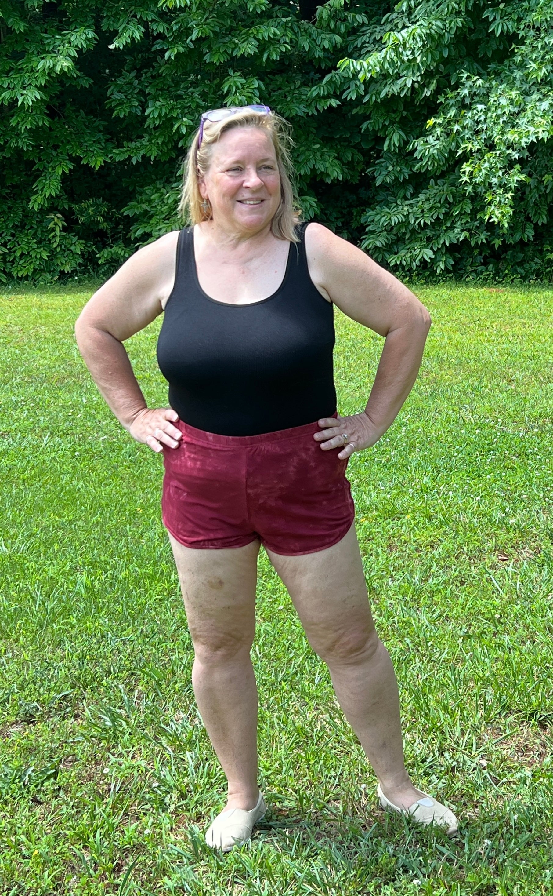 Maroon short shorts are fitted Sophie style available in Small to Large. Perfect for wearing over bikini bottoms to the pool or with a t-shirt to bed.  So soft. Elastic waist. Falls at top of thigh.