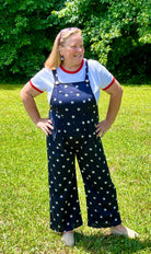 Navy Star Overalls Romper for women to wear on Patriotic Holidays. Lightweight, long pants, front pocket. In Small thru X-Large.