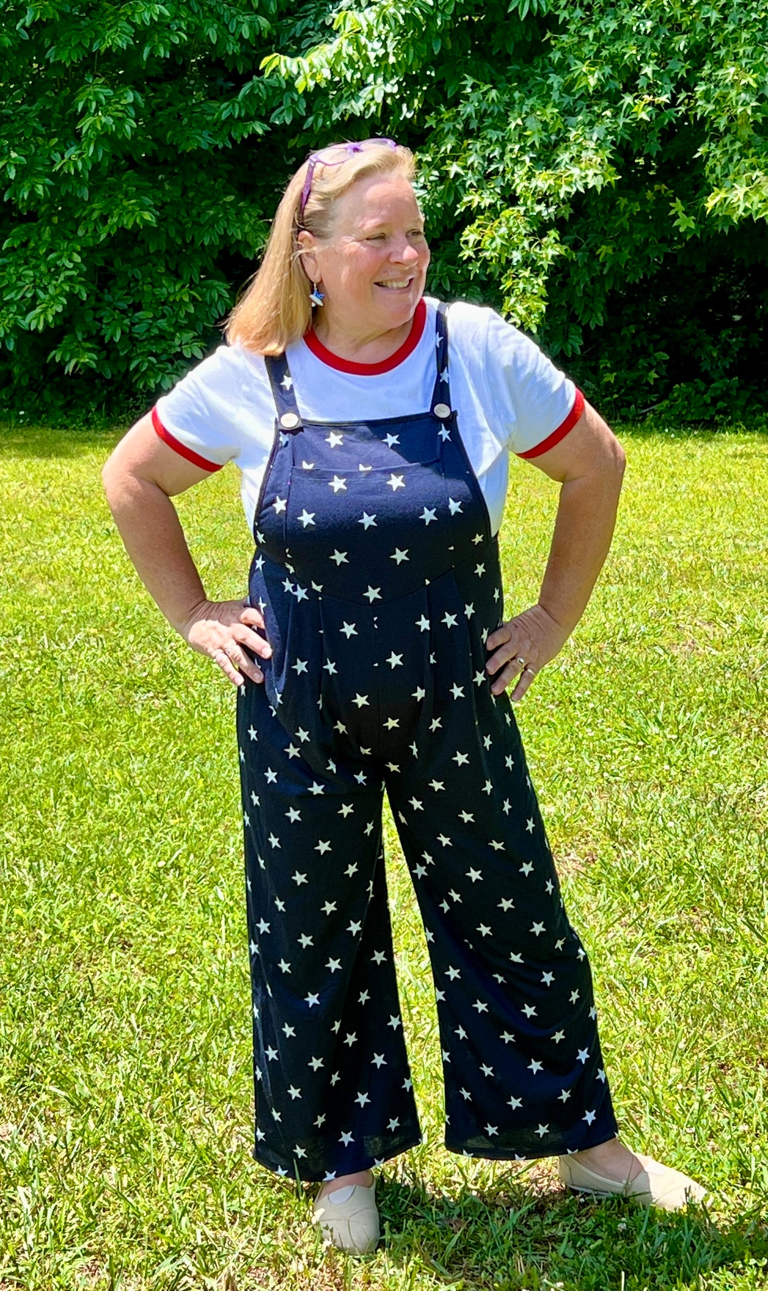 Navy Star Overalls Romper for women to wear on Patriotic Holidays. Lightweight, long pants, front pocket. In Small thru X-Large.