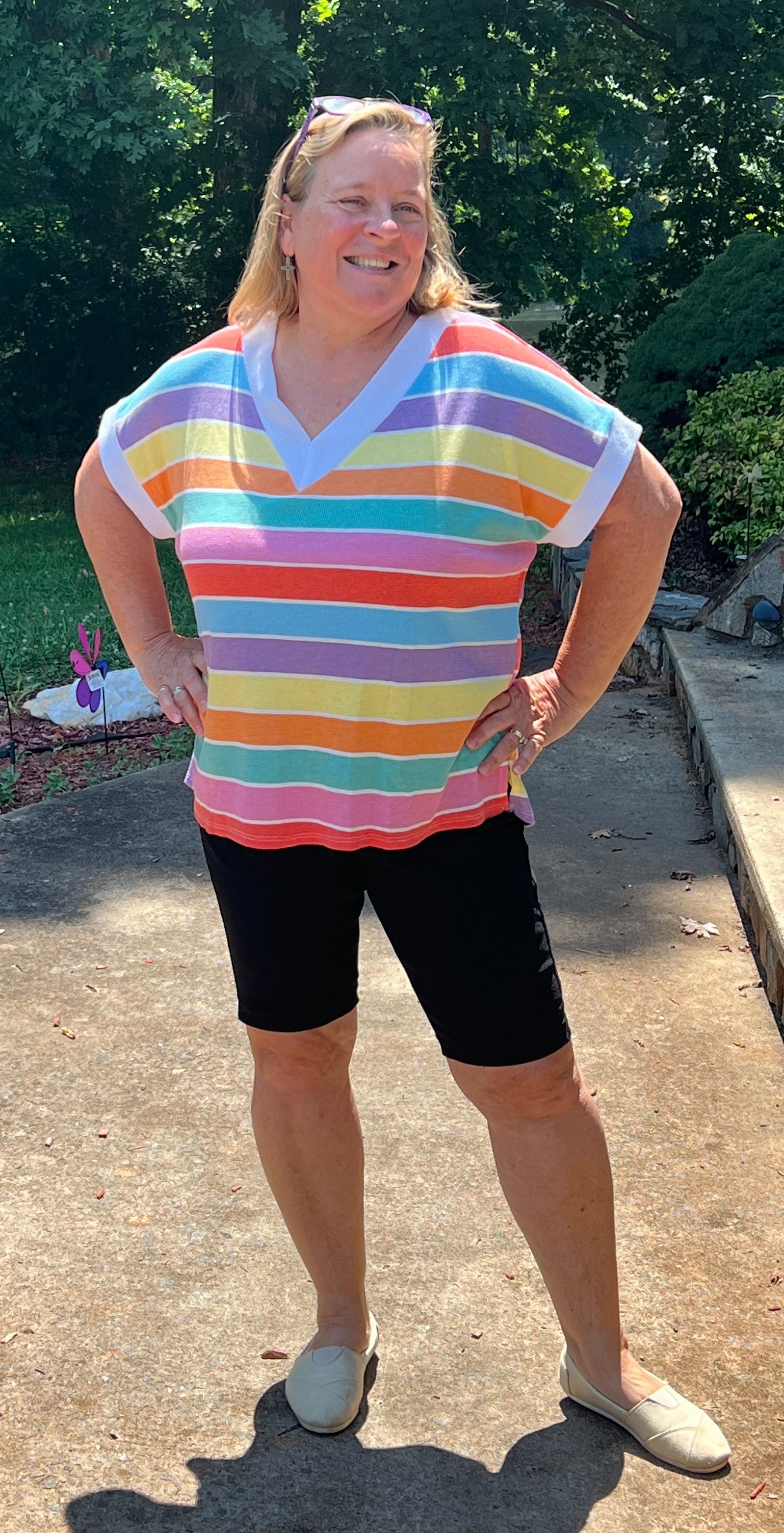 Oversized top with rainbow stripes, v-neckline, venting at hips, super soft texture. The venting and looseness of the top allows for air to flow keeping you comfortable in the summer. In Large to 3X.